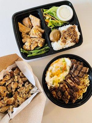 Fried Pork Chop Bento Popcorn Chicken Noodle with Black Pepper Sauce + Meat (Sweet Short Ribs)