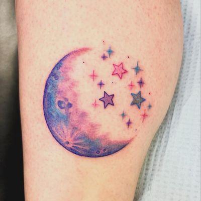 Fresh tattoo of moon and stars in colors I selected.