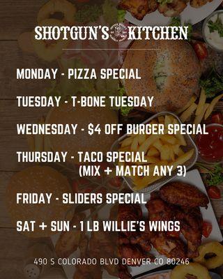 Shotgun's Kitchen, WEEKLY SPECIALS!