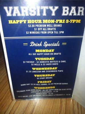 Happy hour and drink list