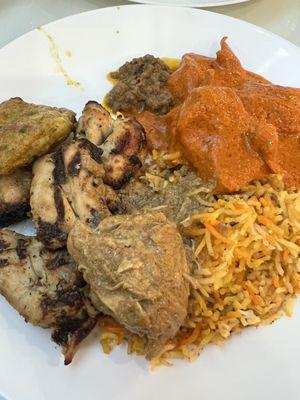 Buffet plate; top of plate going clockwise  Beef keema  Butter chicken Chicken biryani Chicken korma  Chicken tikka  Chicken chapli kabob