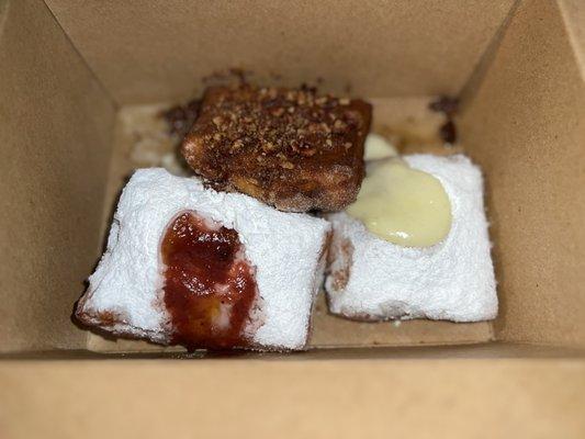 Strawberry beignet  Cream cheese beignet Honey Butter Churro beignet