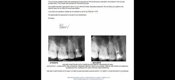 Report from endodontist noting the repair on two canals with X-ray attached.