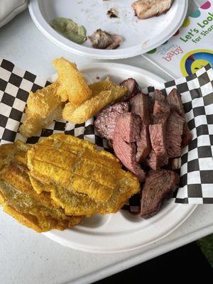 Beef, tostones, fried yuka