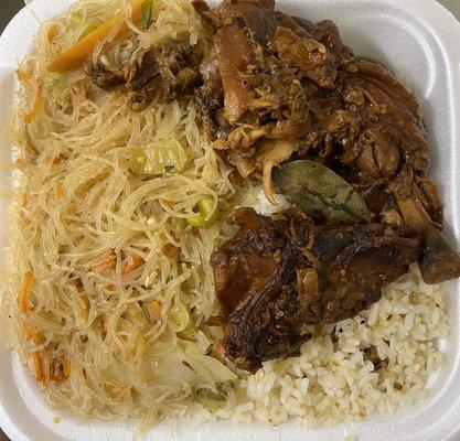 Chicken Adobo plate w/ pancit and garlic rice