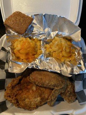 Medium Dinner. Fried Chicken, Baked Macaroni and Cheese.  They ran out of Potato Salad