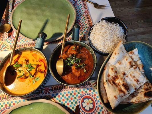 Butter chicken,  homestyle chicken, rice, butter naan