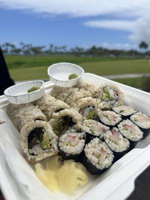 Inside out rolls: warabi, shrimp/avocado. Small rolls: hamachi green onion.