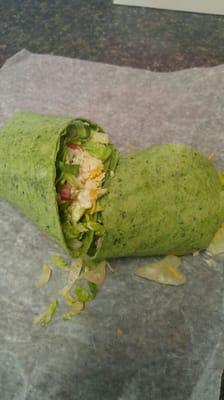 Fajita Chicken in a Spinach wrap with lettuce, tomato, ranch and shredded cheddar add a little jalapeno for spice