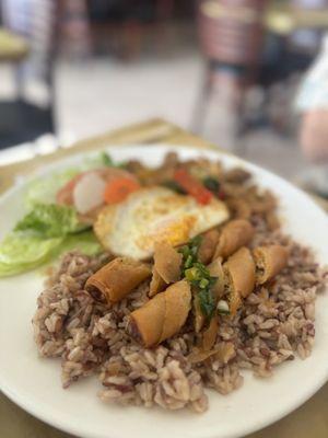 Rice Plate with Lemongrass chicken, spring roll and a fried egg