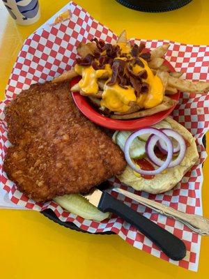 Loaded tenderloin with loaded fries.