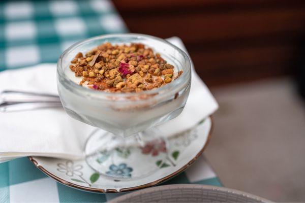 Muhalabia - floral milk pudding seasoned with orange blossom water & mastic topped with pistachio