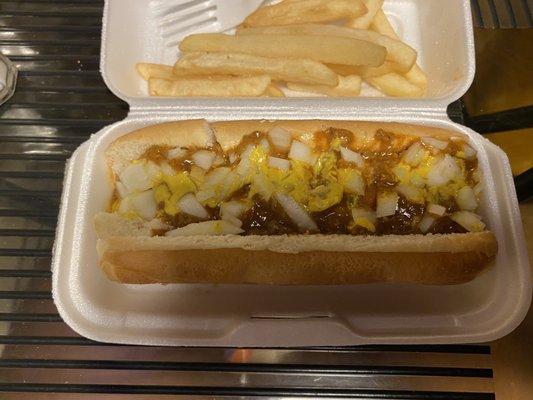 Coney Dog with mustard and onions and french fries