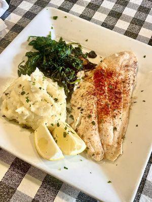 Red snapper mashed potatoes, spinach