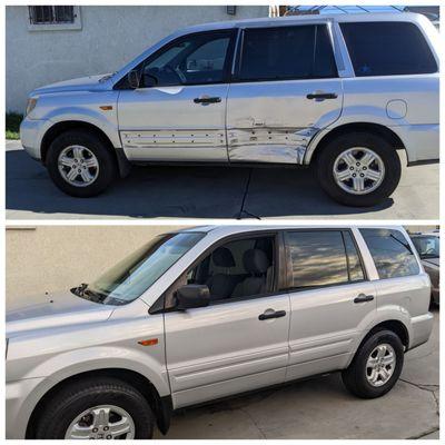 Before and after. Bottom frame on doors bent, doors damaged and paint wrecked. Beautiful job and great price. Beautiful!