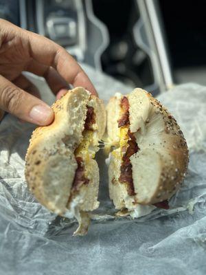 Everything bagel toasted with bacon egg and cheese