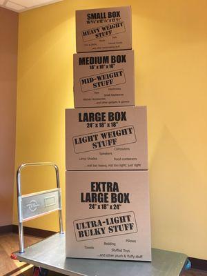 In addition to bubble wrap and tape, we sell a variety of box sizes.