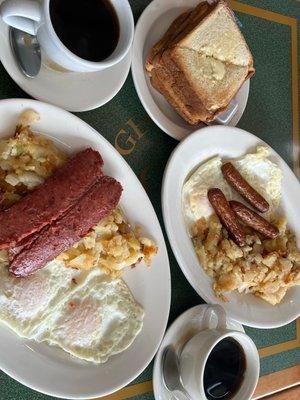 2 Eggs Any Style with home fries and beef sausage (other plate with Turkey Sausage)