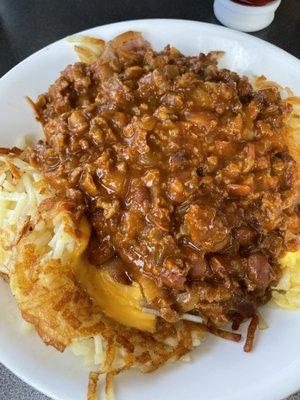 Bacon Egg & Cheese Hashbrown Bowl with chili