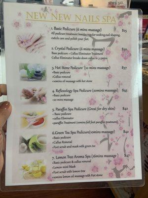 Pedicure menu