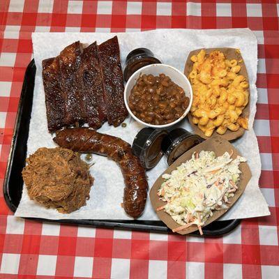 3-Meat Combo with Ribs, Pulled Pork, Sausage