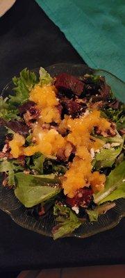 Roasted beet salad with apricot vinaigrette dressing, cheese and pecans December 2021