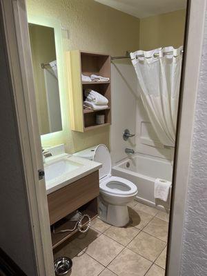 Bathroom is little dated, but the faucet and sink had been updated.