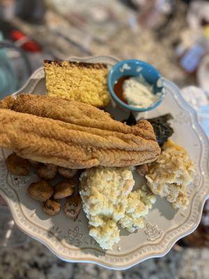 Catfish plate, Mac and Cheese, collard greens, okra, cornbread and potato salad