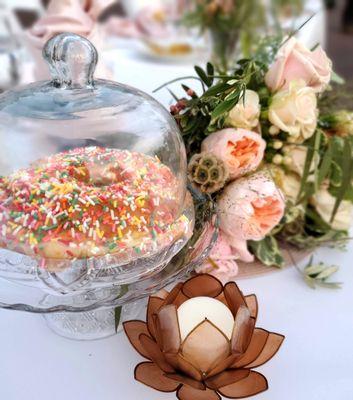 We displayed our wedding donut from Donald's under a glass dome.