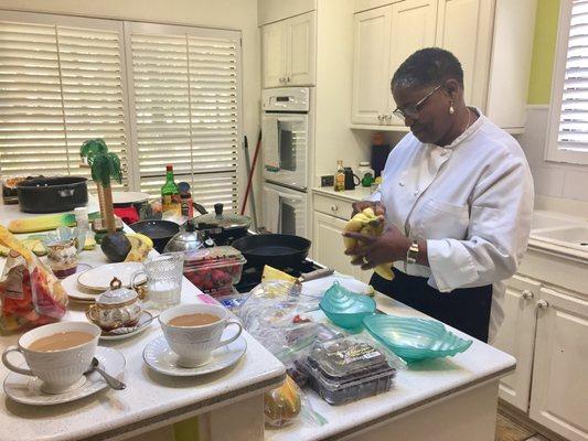 Cheryl preparing our breakfast