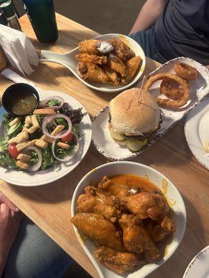 20 Wings, 1/2 size salad, burger, onion rings