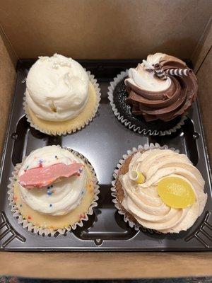 Top left is wedding cake. Top right is split decision. Bottom left is carnival cake. Bottom right is sweet tea.