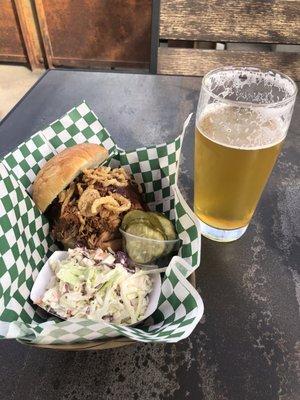 BBQ pork Sammy with coleslaw. IPA from Alesmith