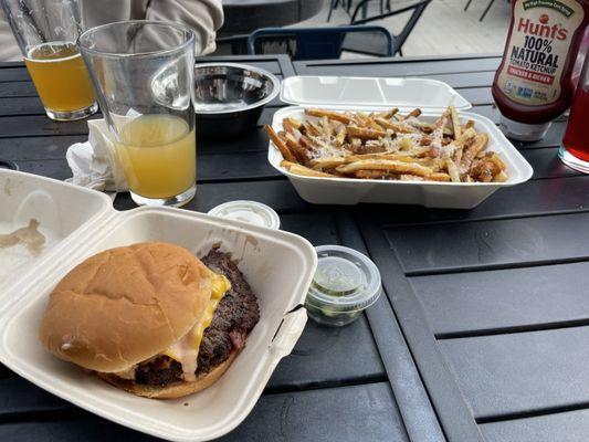 Super smash burger with bacon and the parmesan garlic fries