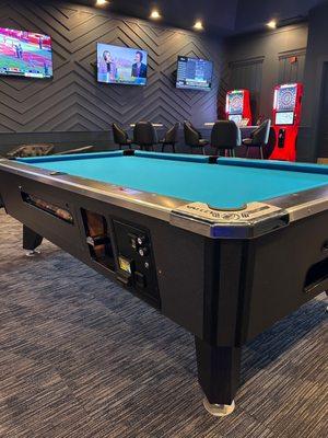 Great 8-foot Pool Table. They provide quality pool cues and tournament-style darts for your use--no factory junk!