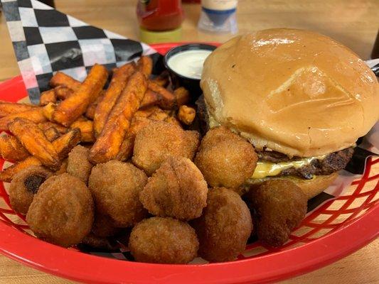 Double Cheeseburger with sweet potato fries and mushrooms