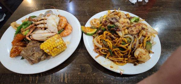 Left, buffet food. Right, Hibachi grill, cooked in front of you