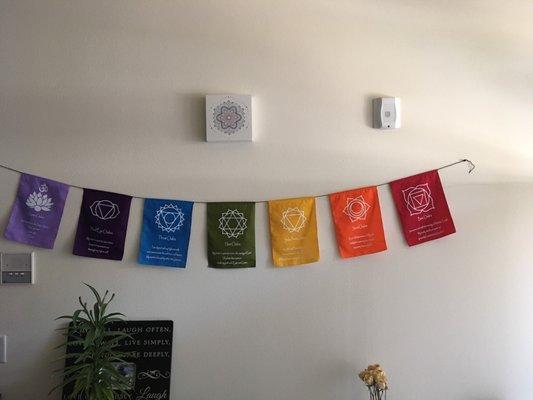 Chakra flags and a mandala.