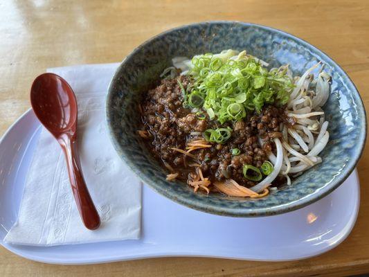 Zha Jiang Mein - Boiled noodle w. Zha Jiang sauce, grounded pork & bacon, bean sprout, carrot, cabbage, and scallion. Minus cucumber.