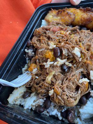 Ropa Vieja Bowl-- comes with shredded beef, black beans and rice, and platanos maduros (sweet plantains).