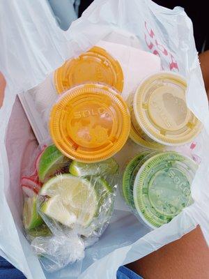 salsa, radish and limes that come with the tacos