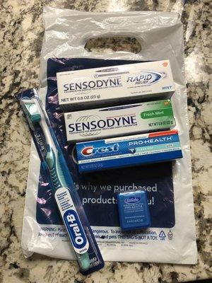 Toothpaste, toothbrush, and floss.