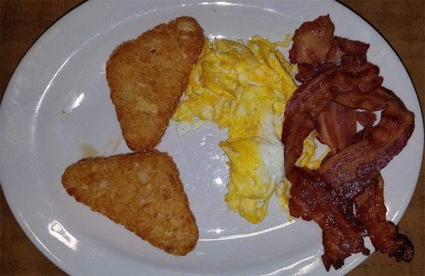 Eggs, bacon, and hash browns.