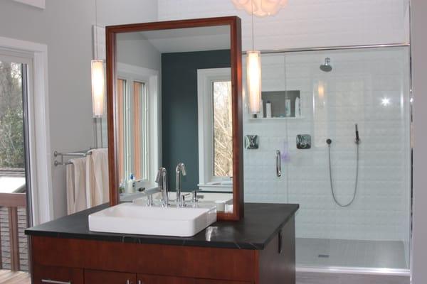 Purchase, NY  Redesigned and remodeled master bathroom. Custom made vanity.