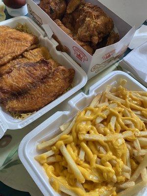 Tilapia with spicy rice, cheese fries, wings