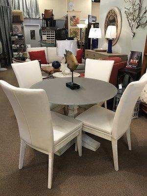 CANADEL Dinette Set 42"r- White base with gray glass top, chairs in Sunbrella white indoor/outdoor fabric. More sizes & options available.