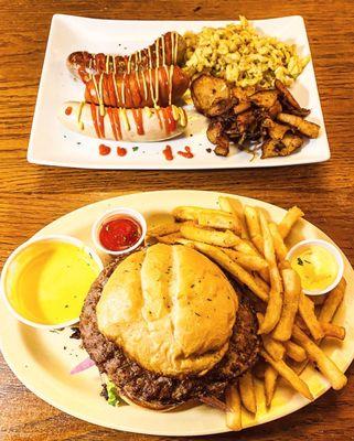 The Cheese-Bomb Burger PLUS Hans and Franz Wurst Teller (with Spaetzle and Bratkartoffeln sides) - DELISH!!