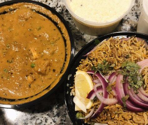 Mutter Paneer and Goat Biryani