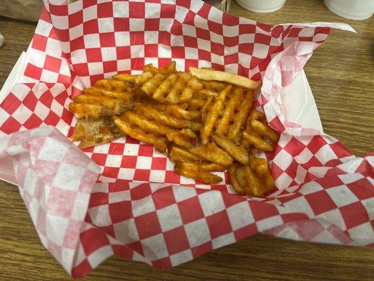 my waffle fries with the one regular fry that dissatisfied me...