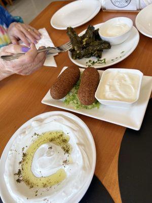 lubneh kibbie and grape leaves